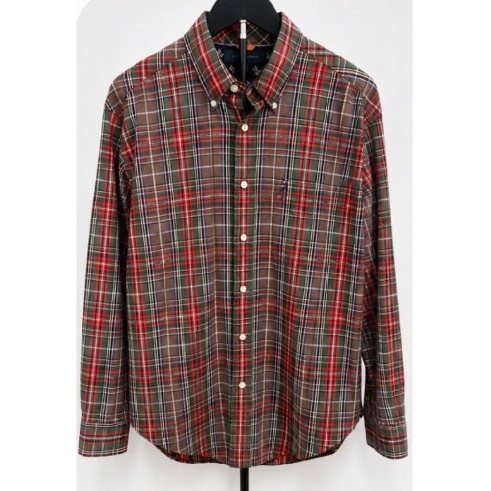 Tommy Hilfiger Mens Large Brown Green Red Plaid Button Down Shirt Long Sleeve